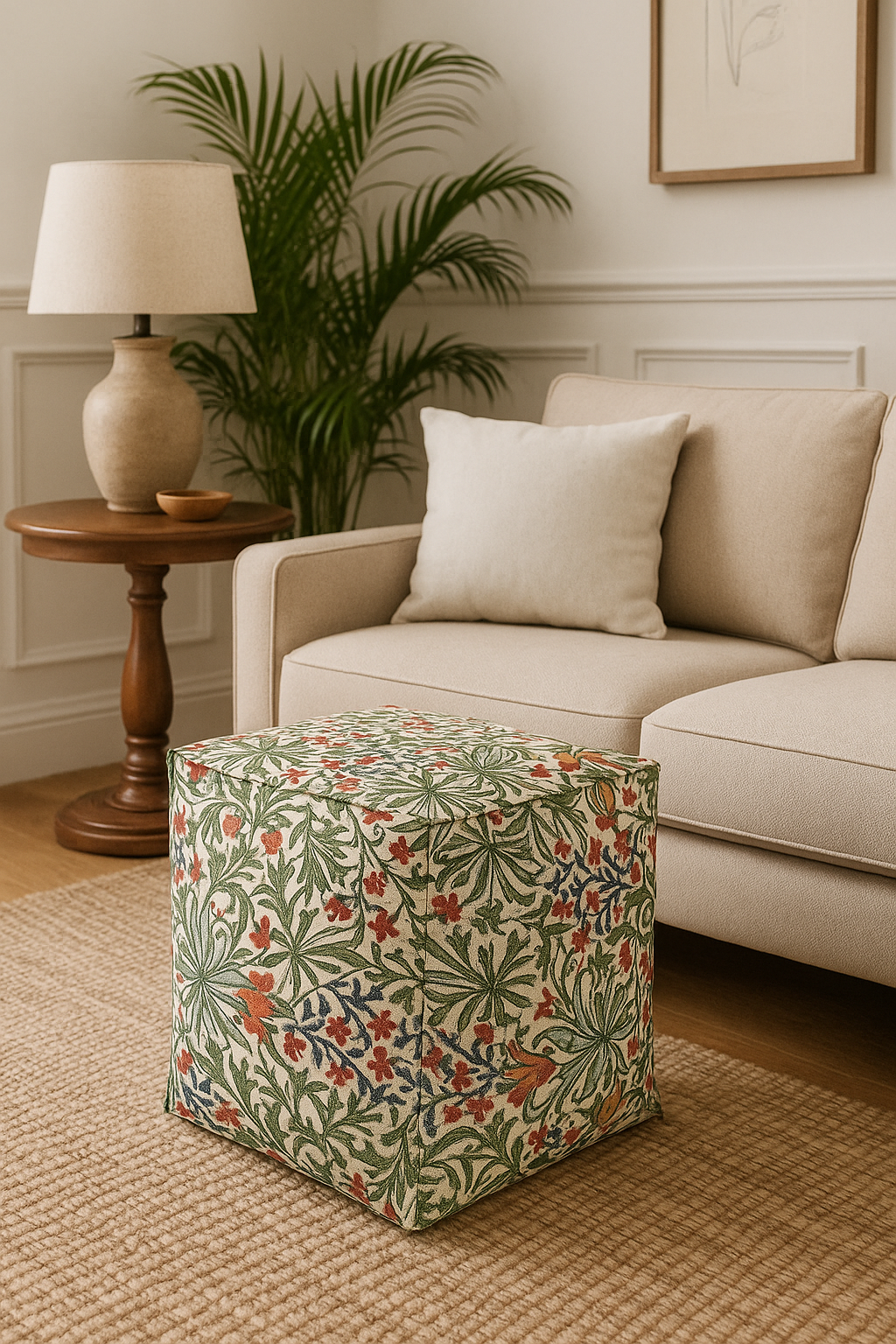 Elegancka Pufa Podnóżek ZIELONA ŁĄKA w Hiszpańskim Żakardzie –   Styropianowa pufa do siedzenia