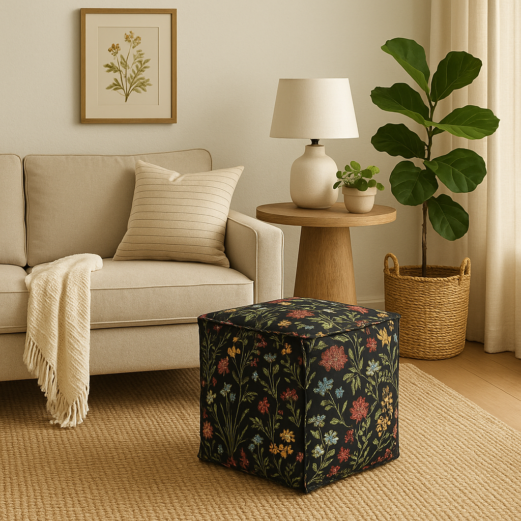 Elegancka Pufa Podnóżek NOCNA ŁĄKA w Hiszpańskim Żakardzie —  Styropianowa pufa do siedzenia