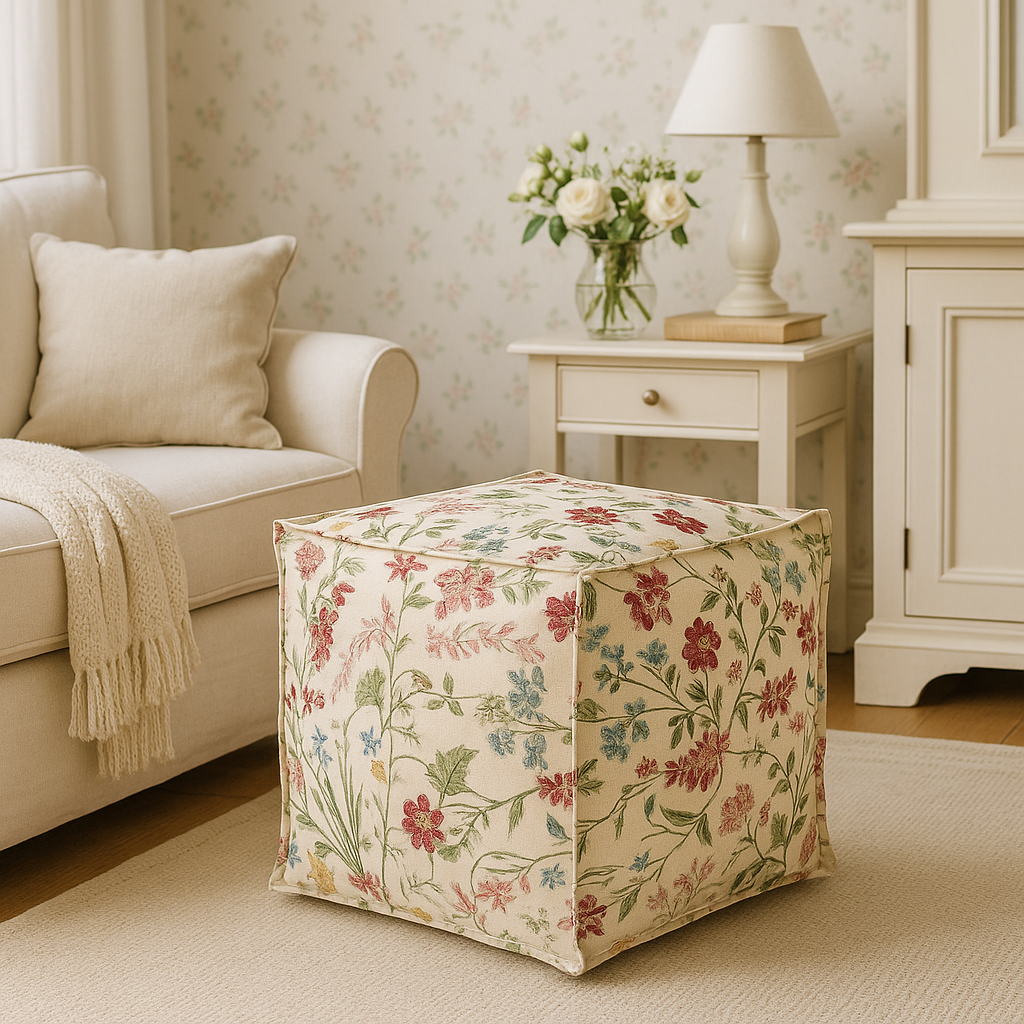Elegancka Pufa Podnóżek WIOSENNA ŁĄKA w Hiszpańskim Żakardzie –   Styropianowa pufa do siedzenia